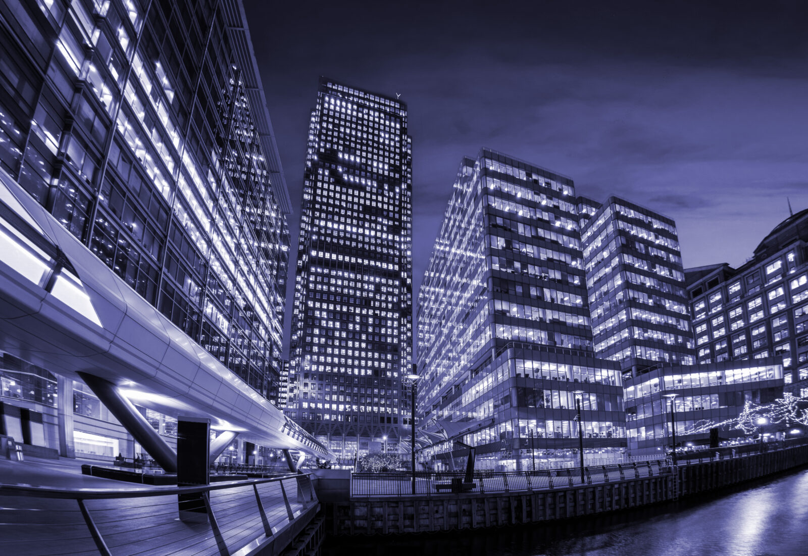 The skyscrapers of the financial district of London just after sunset