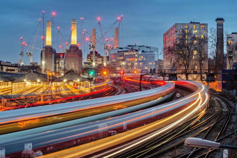 Battersea Power Station at night with railway 04 19