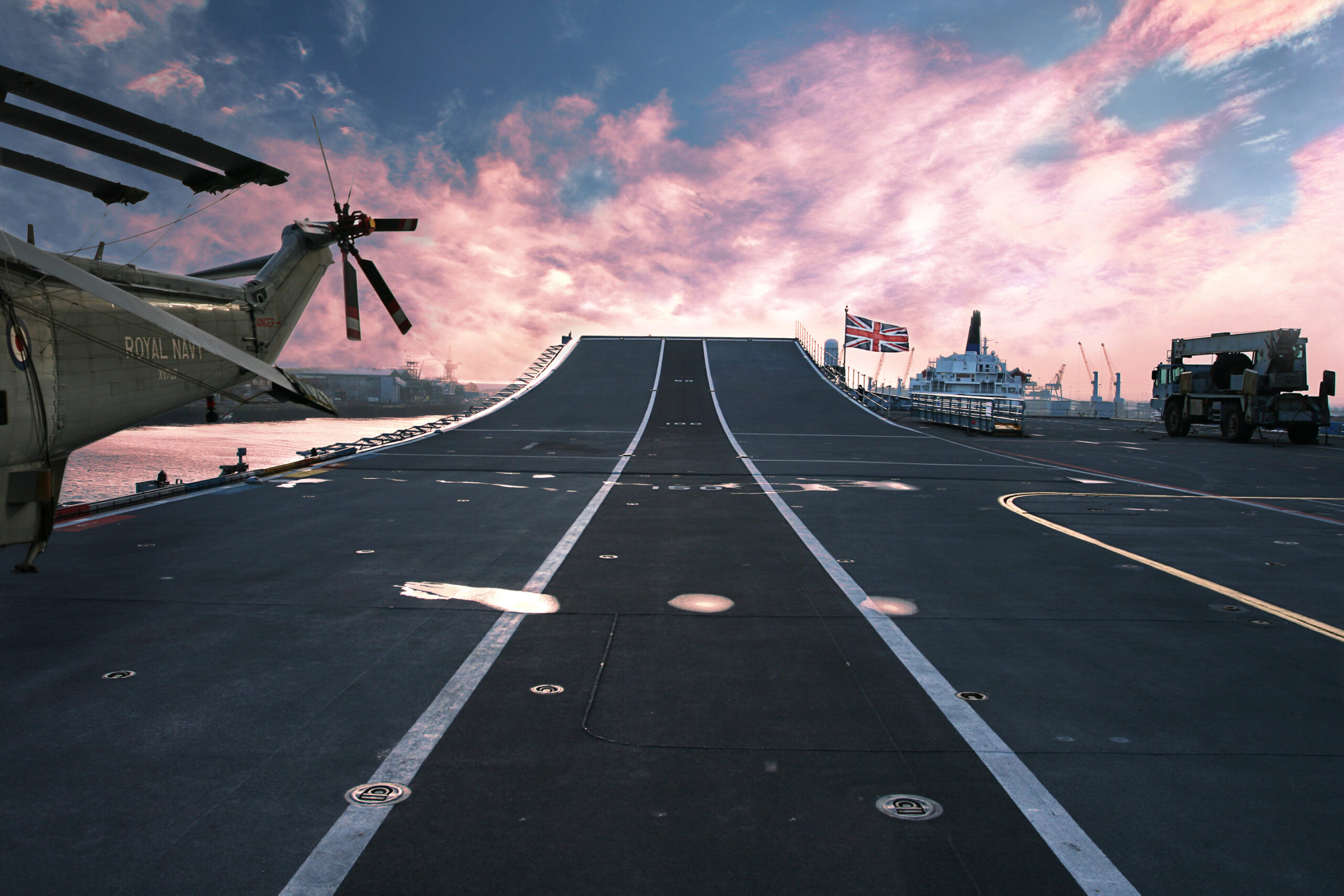 HMS Ark Royal aircraft carrier and flagship of the British Royal Navy at sunset 05 12