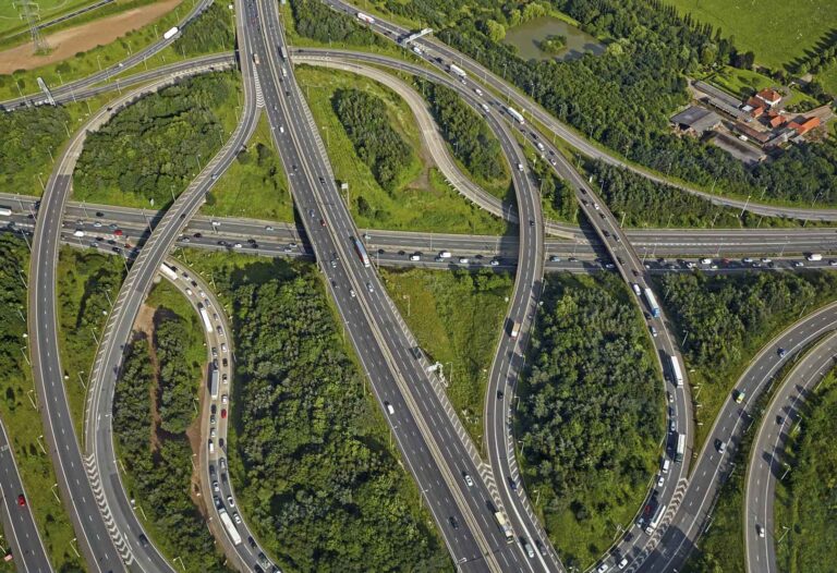 M25 Junction aerial view of a complex M25 junction from above representing infrastructure disputes