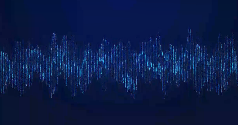 A visual depiction of soundwaves on a dark blue background