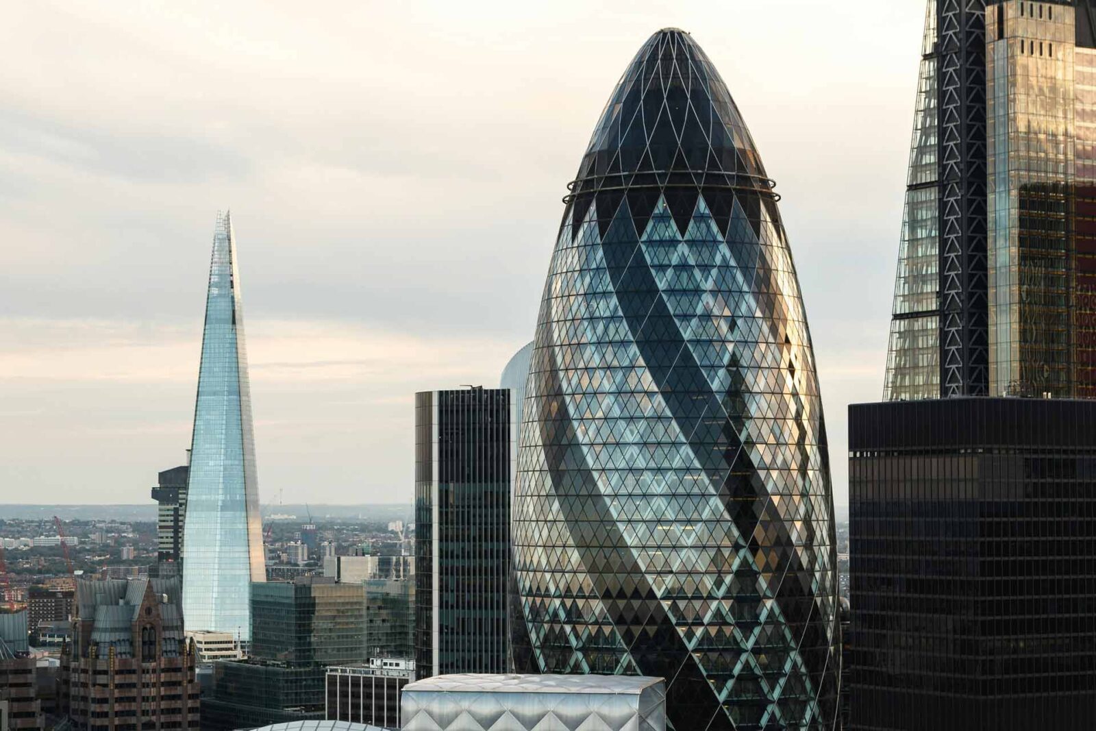 City of London Gherkin close-up with Shard in background