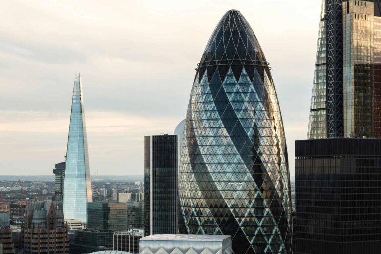 City of London Gherkin close-up with Shard in background