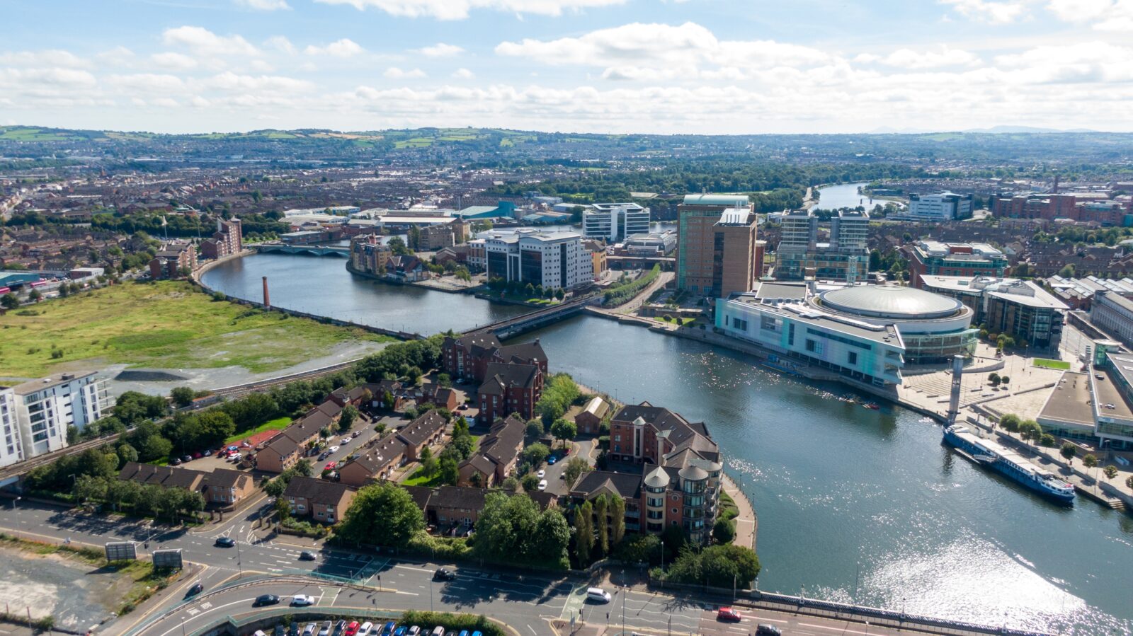 aerial view of the city centre and river in Belfast