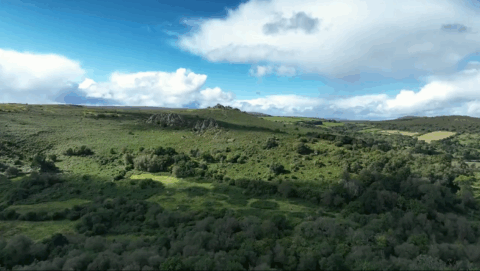 Thumbnail image of a slow moving Drone Shot over a green field and hillside with blue sky and white clouds in the background