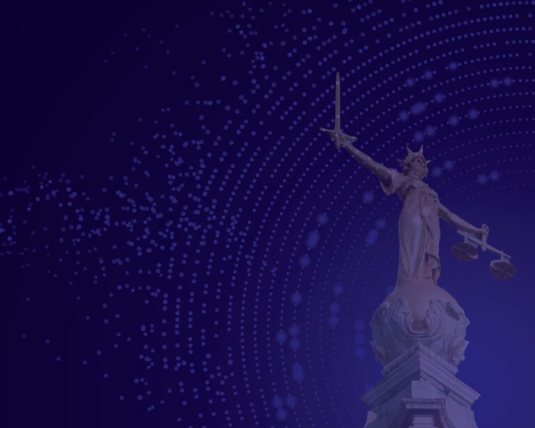 Picture of lady justice with purple abstract overlay