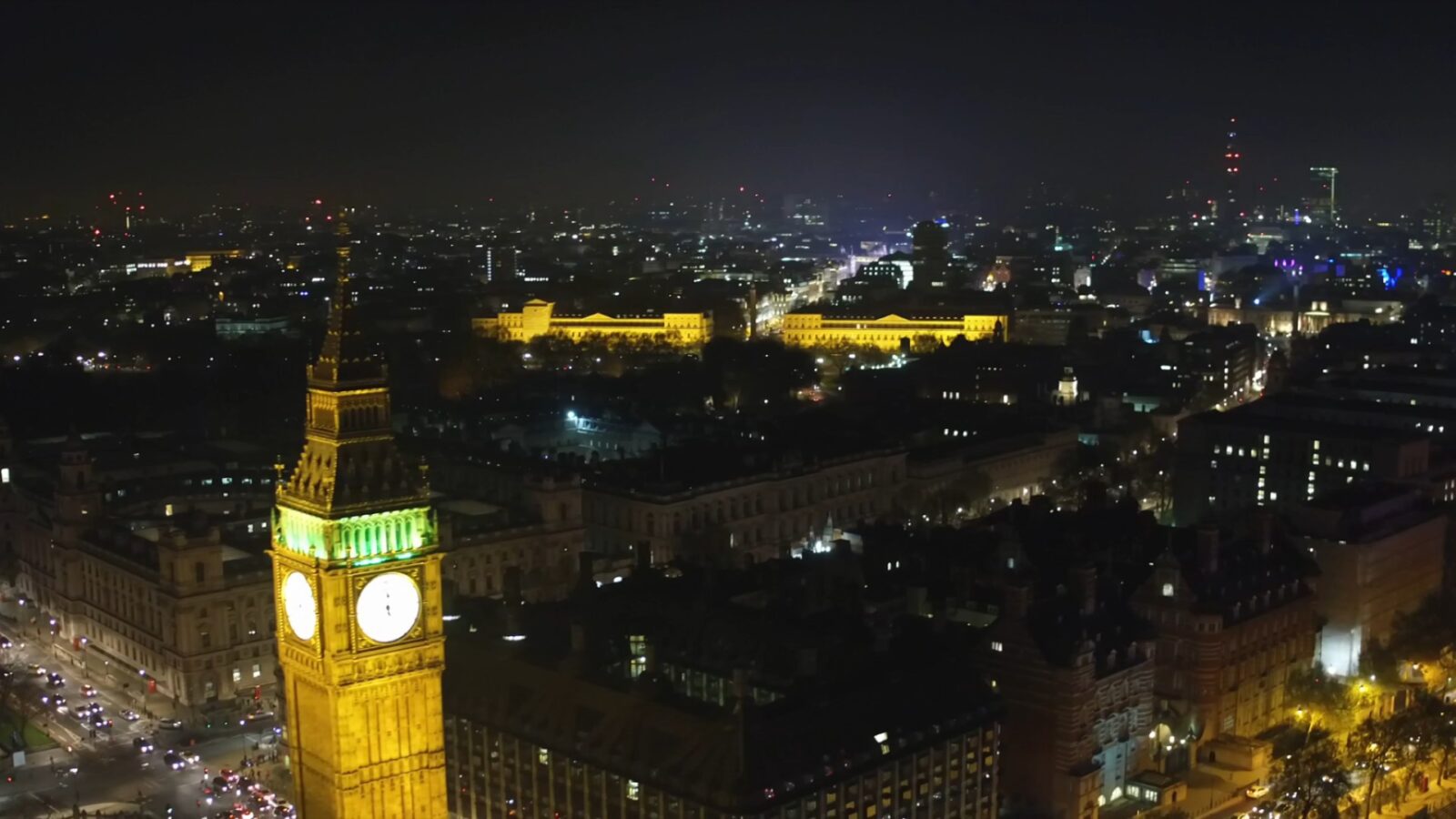 Night time aerial view of Big Ben and the Houses of Parliment in London UK