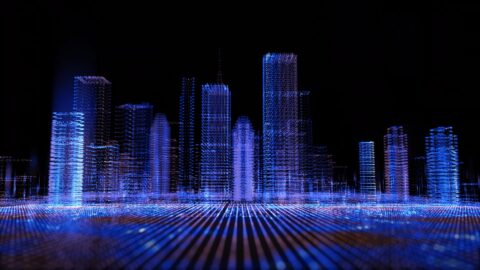 Representation of a digital cityscape in blue technical lighting on a dark background