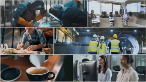 Collage of working environments with employees shown including a barista, a chef, call entre workers, a welder and an employees in a boardroom