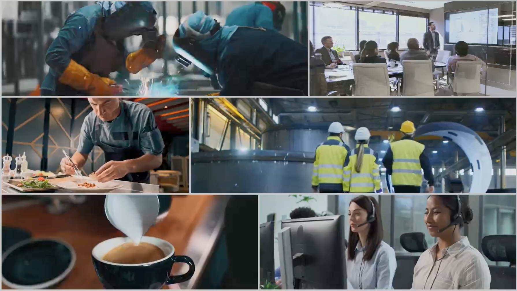Collage of working environments with employees shown including a barista, a chef, call entre workers, a welder and an employees in a boardroom