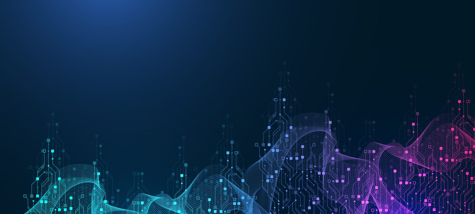 Abstract blue and purple circuit board design with flowing wave patterns on a dark background