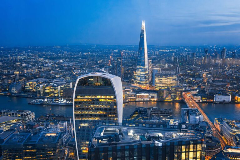 Picutre of London skyline at dusk with the Shard and River Thames
