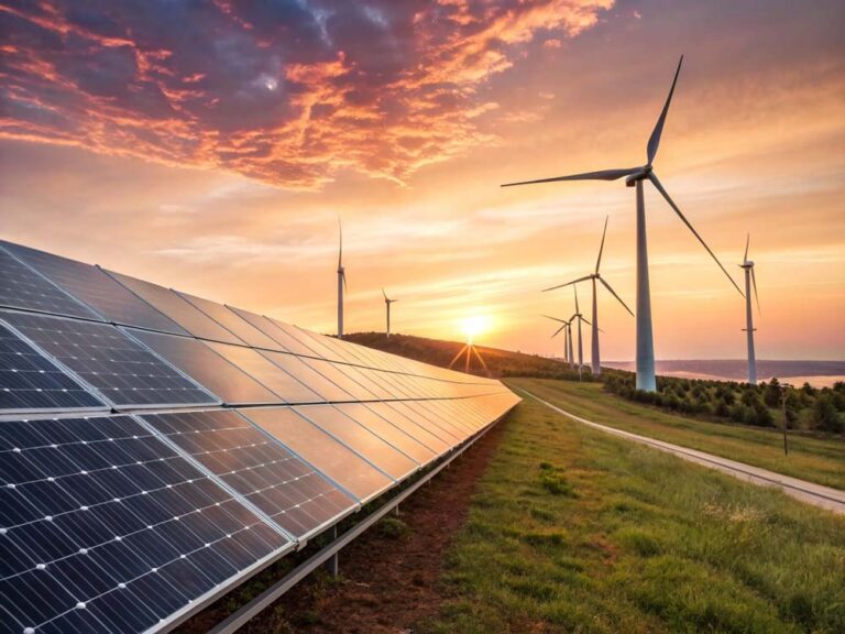 Solar panels in foreground with wind turbines on a hillside at sunset