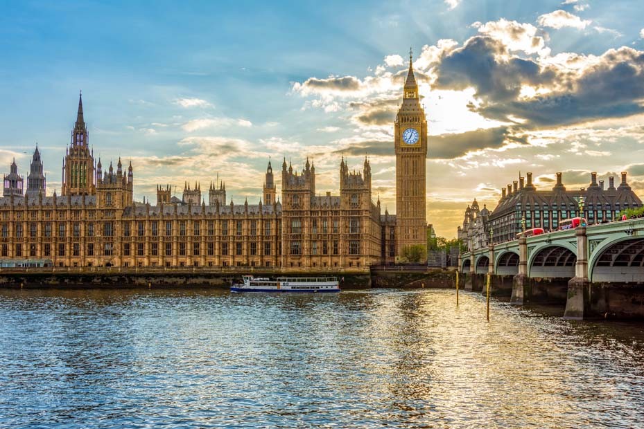 Houses of Parliament, Big Ben and Westminster Bridge overlooking the River Thames in London
