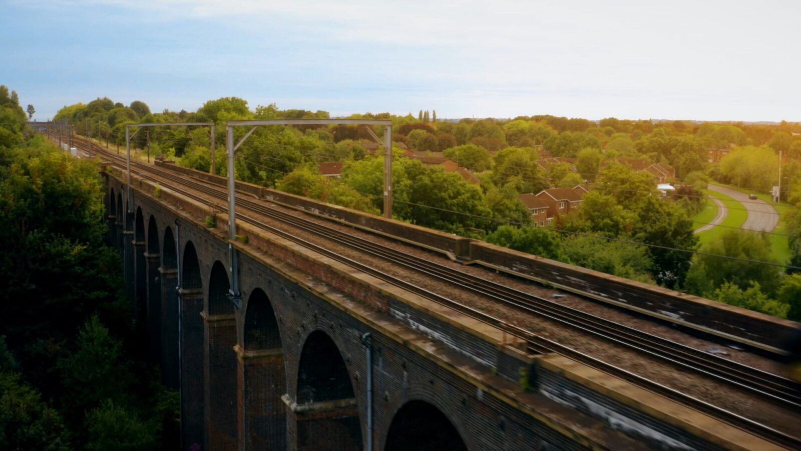 Video of a train movng through the Bitish countryside across a viaduct at high speed.